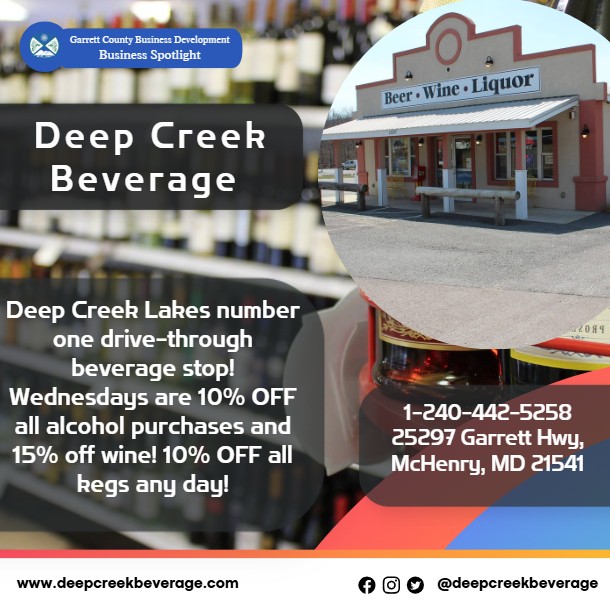Todays Business Spotlight 🍾 is on Deep Creek Beverage!
Visit them at www.deepcreekbeverage.com or Deep Creek Beverage
Follow us to see more daily Garrett County Business Spotlights!
If you are interested in having your business featured contact Connor Norman at cnorman@garrettcountymd.gov. #businessdevelopment #garrettcountymd